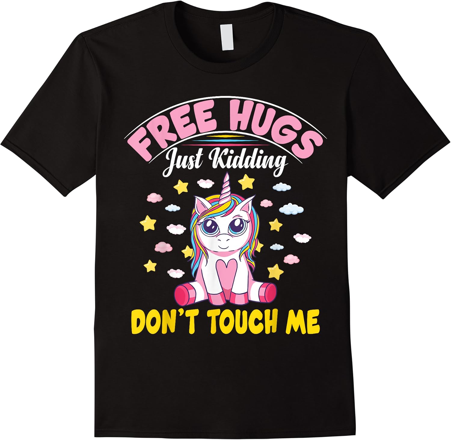 free hugs just kidding dont touch me funny unicorn t shirt skuid 162676 item.jpg