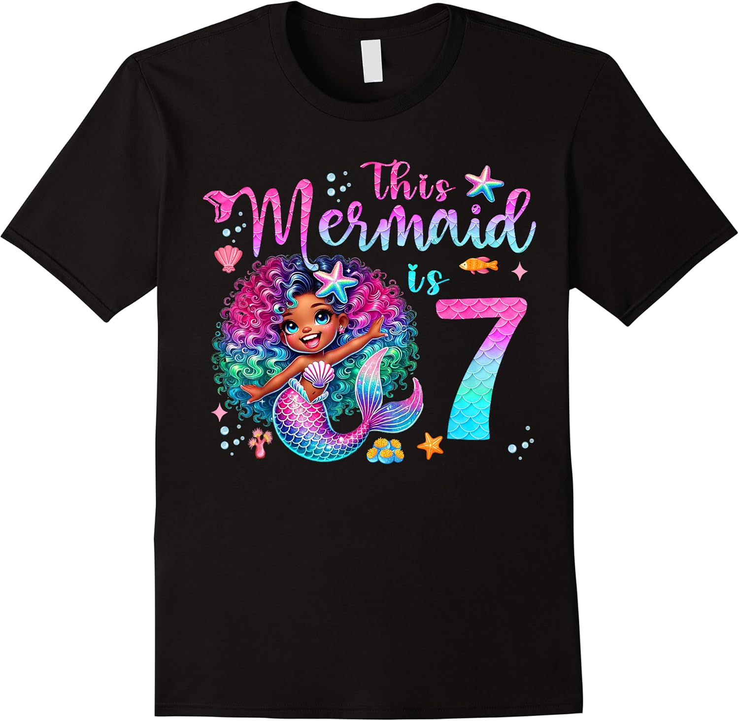 the mermaid is 7th birthday 7 years old afro girl sea party t shirt skuid 412974 item.jpg